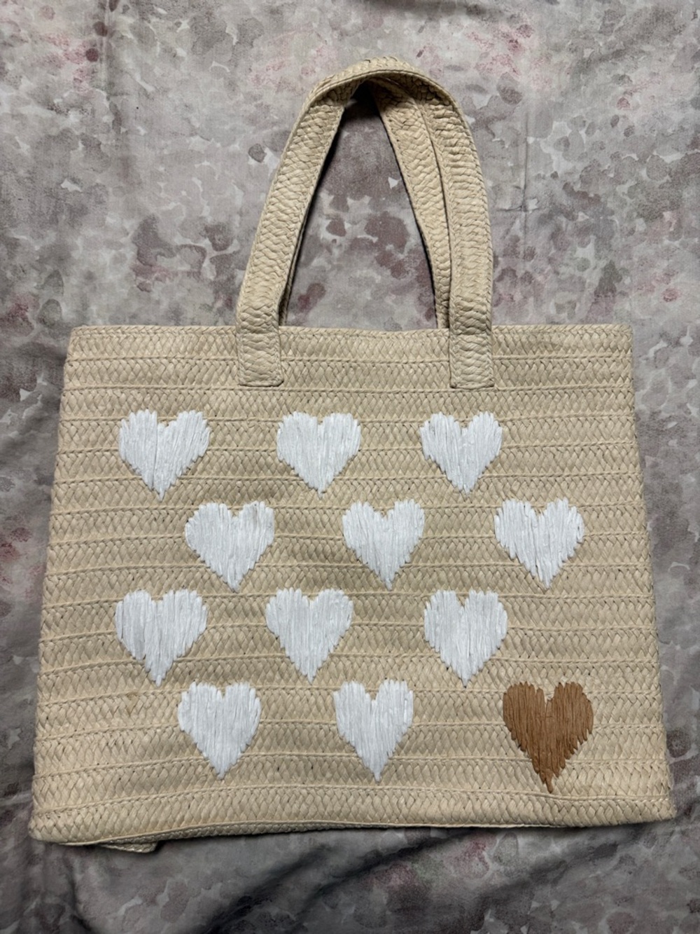 Neutral Heart Embroidered Straw Tote Bag - Beige with White & Brown Hearts